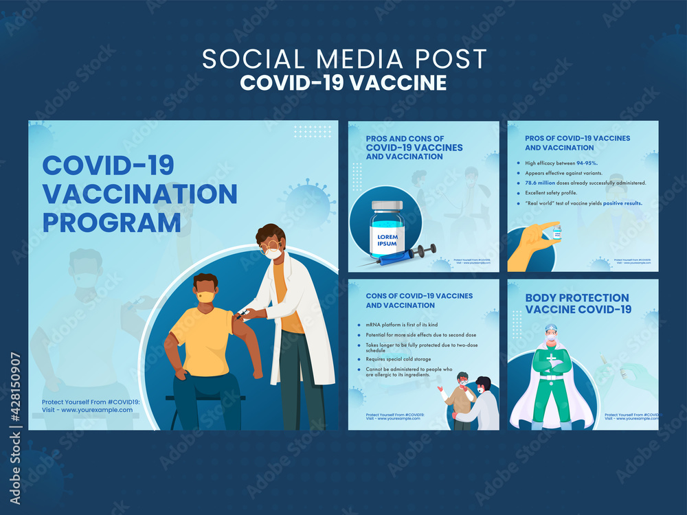 Covid-19 Vaccine Social Media Post Or Template Design In Five Options.