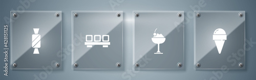 Set Ice cream in waffle cone, bowl, Sushi cutting board and Candy. Square glass panels. Vector