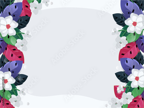 Colorful Flowers With Leaves Decorated Border On White Background.
