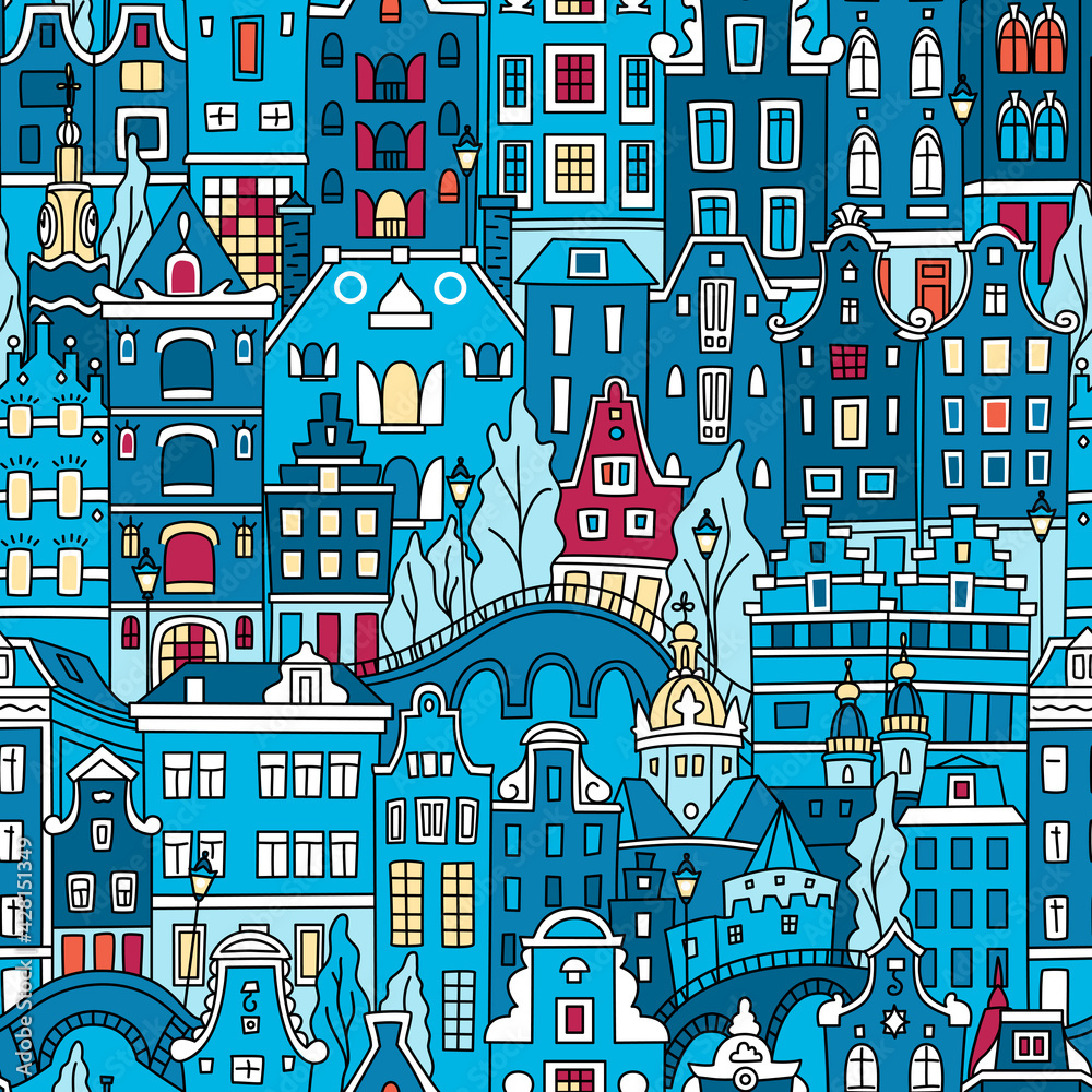 Seamless pattern with Amsterdam canal and typical dutch houses, Holland, Netherlands.
