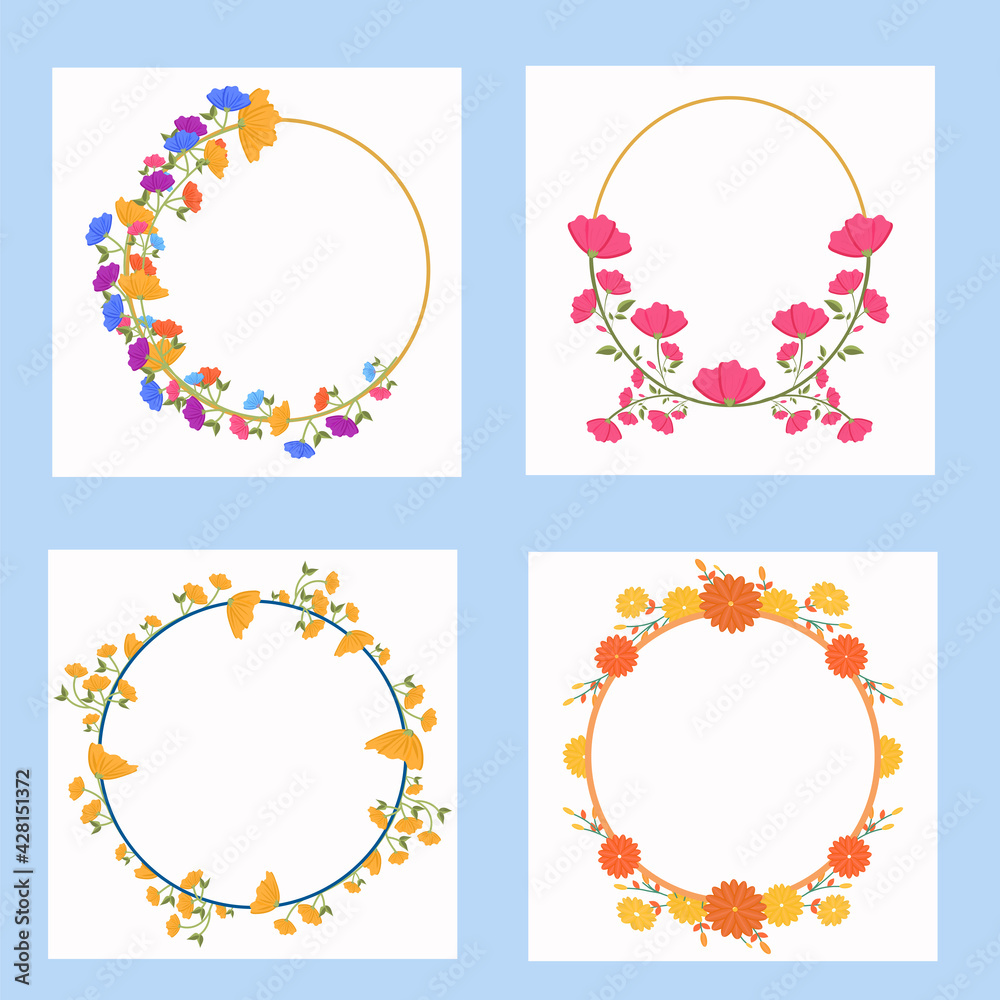 Round Shape Floral Frame With Space For Text On White Background In Four Options. Round Shape Floral Frame With Space For Text On White Background In Four Options.