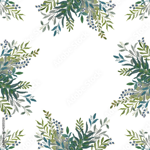 A template of a postcard with a watercolor green leaves on the branches. Wedding invitation template. Square arrangement.