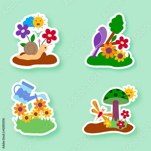 Fototapeta Naklejka Na Ścianę i Meble -  Sticker Style Floral Or Spring Set On Green Background.