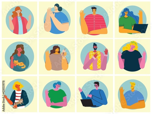 People waving hands flat vector illustrations set. Smiling young men and women in casual clothing greeting gesture hi