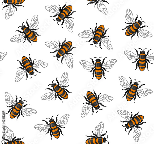 Honey Bee Seamless Pattern on White Background. Vector © Sergei Sizkov