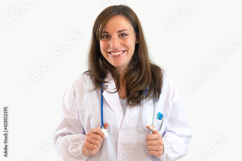Smiling female doctor with stethoscope isolated on white background. Concept of good health care.