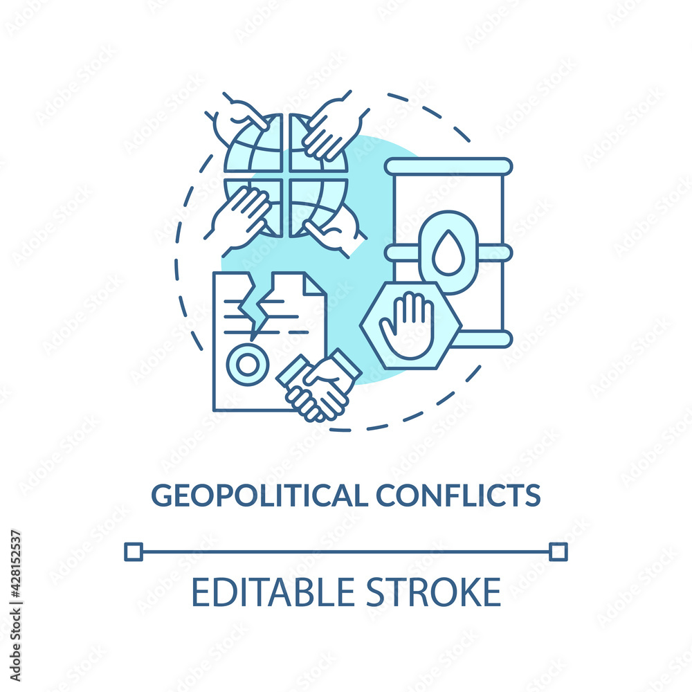Geopolitical conflicts concept icon. Energy security threat idea thin line illustration. Political instability. Geographical arrangements. Vector isolated outline RGB color drawing. Editable stroke Geopolitical conflicts concept icon. Energy security threat idea thin line illustration. Political instability. Geographical arrangements. Vector isolated outline RGB color drawing. Editable stroke