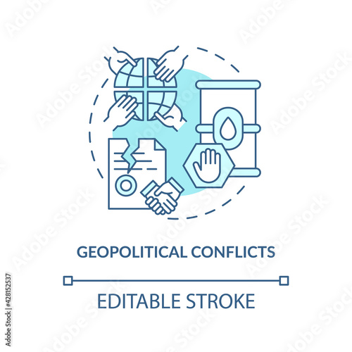 Geopolitical conflicts concept icon. Energy security threat idea thin line illustration. Political instability. Geographical arrangements. Vector isolated outline RGB color drawing. Editable stroke