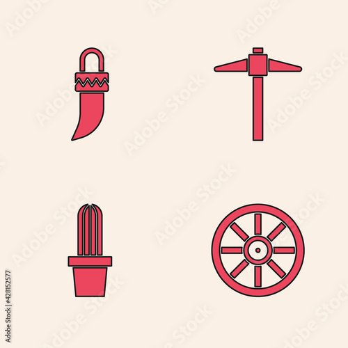 Set Old wooden wheel, Tooth, Pickaxe and Cactus peyote in pot icon. Vector