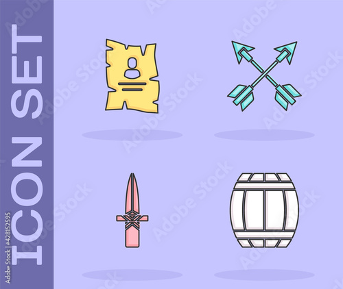 Set Gun powder barrel, Wanted western poster, Dagger and Crossed arrows icon. Vector