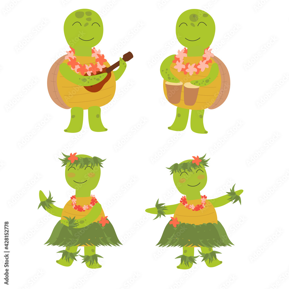 Cute hawaiian turtles. Boys play to music on ukulele and girls dancing hulu. Hawaiian character. Childrens illustration on white background. Design for card, print, book, kids story, childish decor.