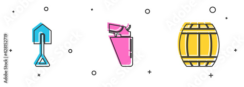 Set Shovel, Revolver gun in holster and Gun powder barrel icon. Vector