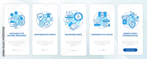 Energy safety components onboarding mobile app page screen with concepts. Uninterrupted supply walkthrough 5 steps graphic instructions. UI, UX, GUI vector template with linear color illustrations