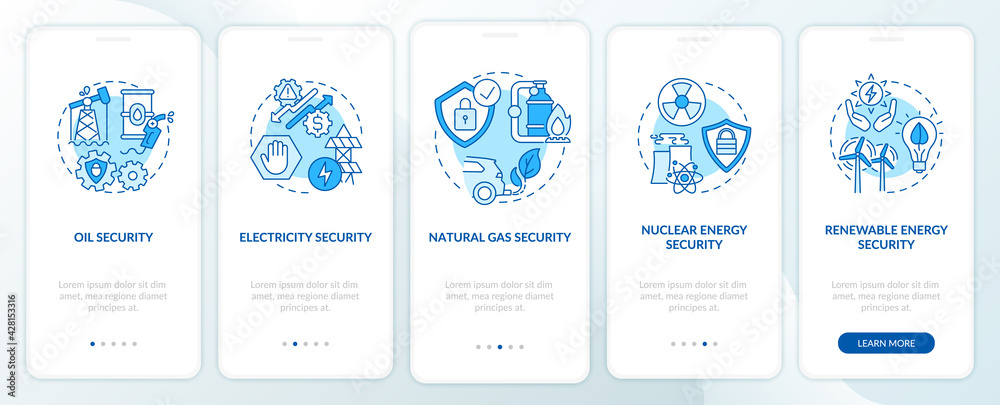 Energy safety types onboarding mobile app page screen with concepts. Fuel, electricity security walkthrough 5 steps graphic instructions. UI, UX, GUI vector template with linear color illustrations