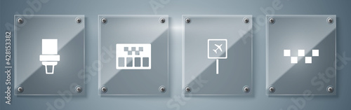Set Taxi car roof, Airport, Taximeter and Safety belt. Square glass panels. Vector