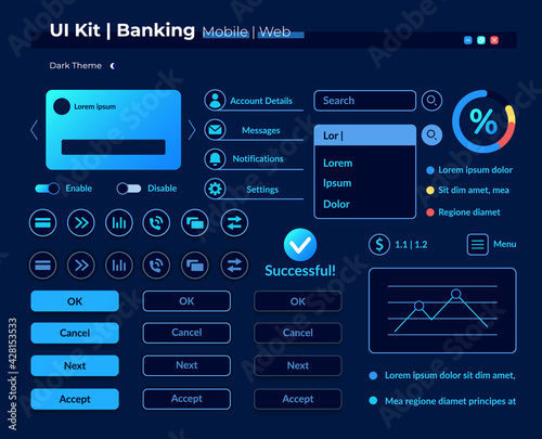Online banking infographics UI elements kit. Financial data analysis isolated vector icon, bar and dashboard template. Web design widget collection for mobile application with dark theme interface