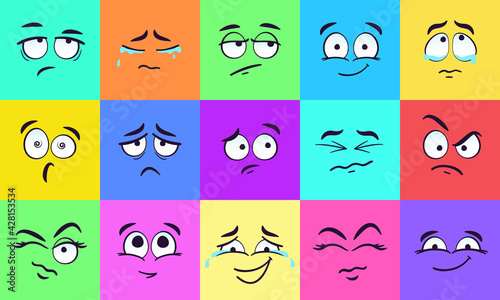 Cartoon square faces. Face expressions, emotion grid and hand drawn doodle head. Happy, sad and surprised heads vector illustration