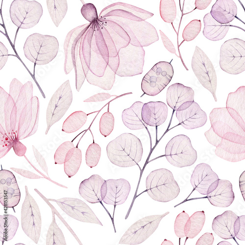 Watercolor seamless pattern with pink flowers © Victoria