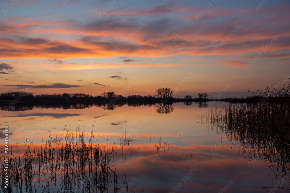 Mirror reflection of clouds in the lake water