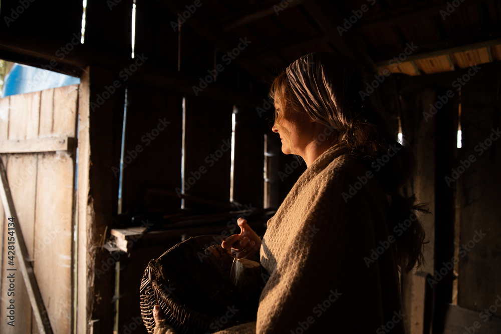 Bauersfrau holt Holz aus dem Stahl. Sie füllt den Korb mit dem Holz. Die Frau sieht arm aus, hat ein. Kopftuch auf dem Kopf und beige Decke über den Schultern.