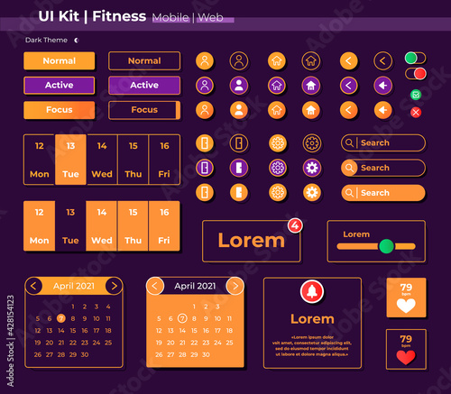 Fitness UI elements kit. Running app settings and options isolated vector icon, bar and dashboard template. Web design widget collection for mobile application with dark theme interface