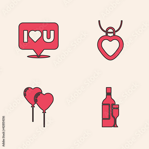 Set Champagne bottle, Speech bubble with I love you, Necklace heart shaped and Balloons in form of icon. Vector