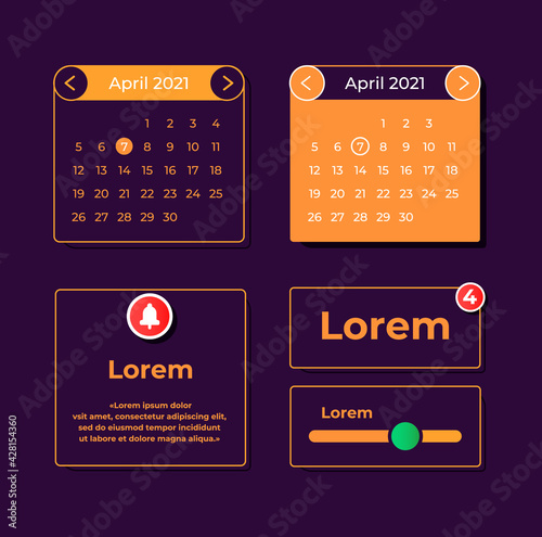 Monthly calendar UI elements kit. Online tracker with reminders isolated vector icon, bar and dashboard template. Web design widget collection for mobile application with dark theme interface