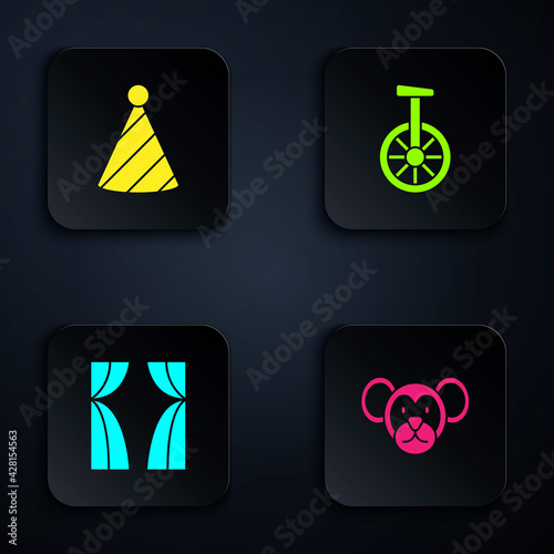 Set Monkey, Party hat, Circus curtain raises and Unicycle or one wheel bicycle. Black square button. Vector