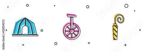 Set Circus tent, Unicycle or one wheel bicycle and Birthday party horn icon. Vector