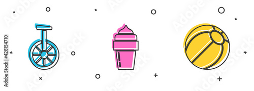 Set Unicycle or one wheel bicycle, Ice cream and Beach ball icon. Vector