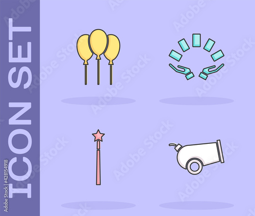 Set Cannon, Balloons with ribbon, Magic wand and Hand holding playing cards icon. Vector