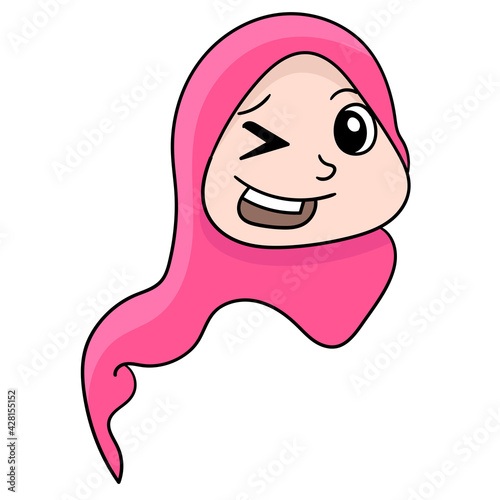 the head of a beautiful girl wearing a Muslim hijab with a seductive face to wink, doodle icon drawing