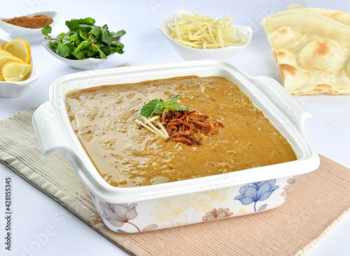 Haleem, Delicious Pakistani and Indian Famous Food, Made with meat, lentils, wheat and oat. photo