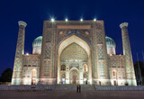 Sherdor Madrasah on Registan Square in Samarkand at night, Uzbekistan