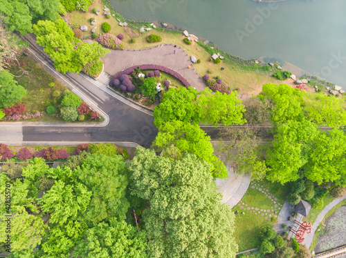 Early spring aerial scenery of Moshan Rhododendron Garden in East Lake, Wuhan, Hubei, China