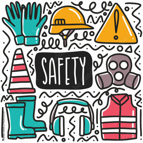 hand drawn safety equipment doodle set