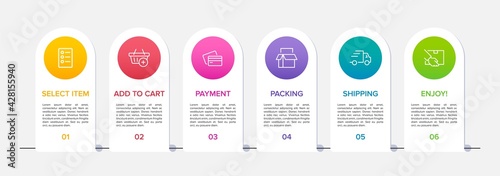 Concept of shopping process with 6 successive steps. Six colorful graphic elements. Timeline design for brochure, presentation, web site. Infographic design layout.