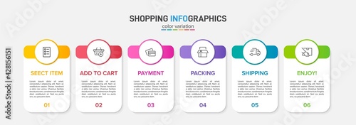 Concept of shopping process with 6 successive steps. Six colorful graphic elements. Timeline design for brochure, presentation, web site. Infographic design layout.
