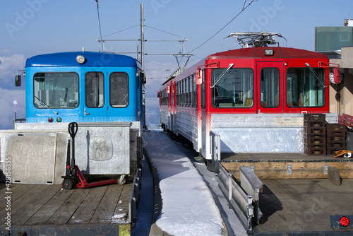 Train of Mount Rigi Railways in the morning. This year it is the 150th Anniversary of Mount Rigi Railways. Photo taken April 14th, 2021, Mount Rigi, Switzerland.