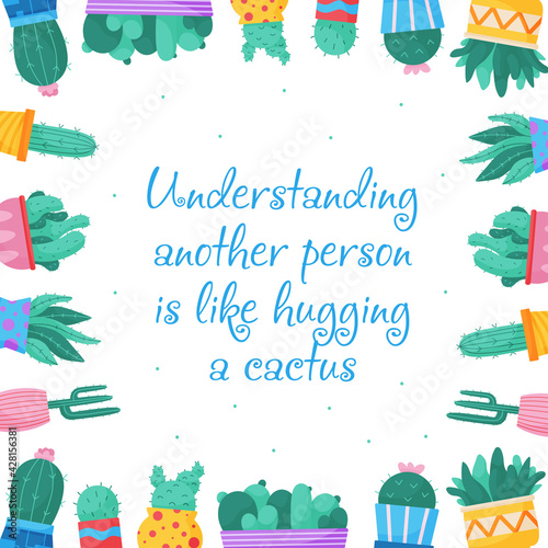 Set of trendy, vector, indoor plants in pots for home. Cacti in the form of a frame isolated on a white background. Bright flat illustrations. Printing, fabric. textiles, interior. Vector illustration