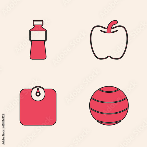 Set Fitness ball, Bottle of water, Apple and Bathroom scales icon. Vector