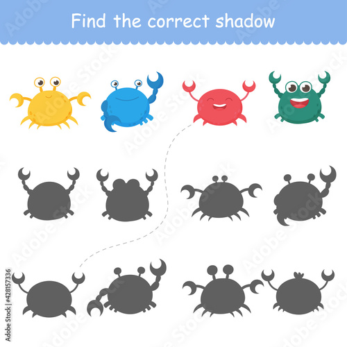 Isolated funny sea crabs. Set of freshwater aquarium cartoon crabs for print, child development, find the right shadow. Varieties of decorative colored animals. Vector illustration