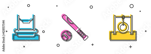 Set Bungee, Baseball bat with ball and Car tire hanging on rope icon. Vector