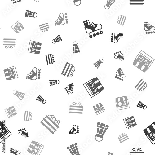 Set Roller skate, Badminton shuttlecock, Shooting gallery and Pool with balls on seamless pattern. Vector