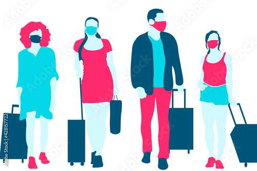 Travelling people with suitcases and wearing masks. Post-corona travelling concept. Travelling after coronavirus covid19 illustration.