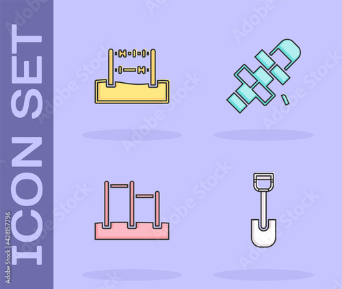 Set Shovel toy, Abacus, Horizontal bar and Hopscotch icon. Vector