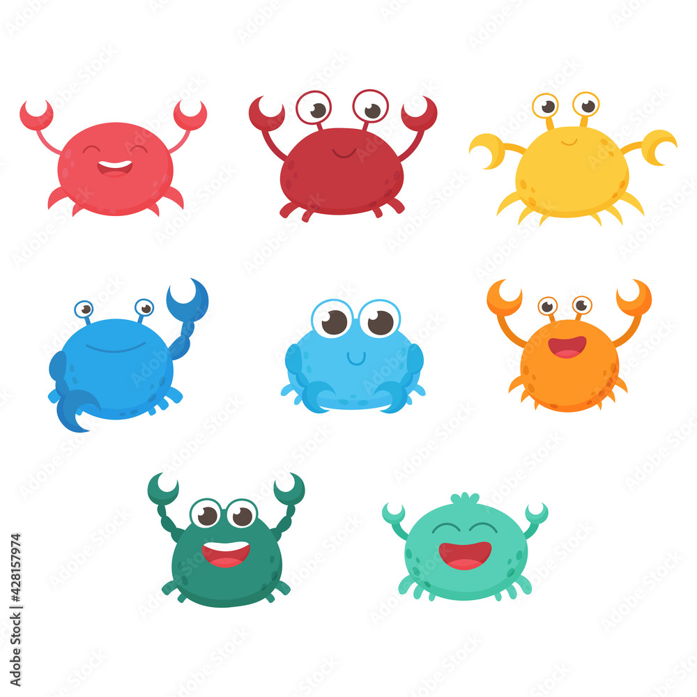 Isolated funny vector sea crabs. Set of freshwater aquarium cartoon crabs for print, children development. Arthropod, graphic, decorative, colored, animals. Vector illustration Isolated funny vector sea crabs. Set of freshwater aquarium cartoon crabs for print, children development. Arthropod, graphic, decorative, colored, animals. Vector illustration