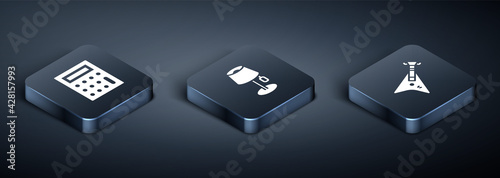 Set Isometric Calculator, Electric bass guitar and Floor lamp icon. Vector
