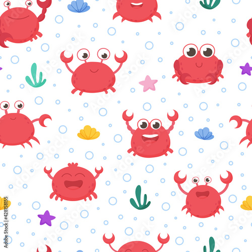 Isolated, seamless, vector pattern with sea crabs. Set of freshwater aquarium cartoon crabs for print, children development. Arthropod, graphic, decorative, colored, animals. Vector illustration