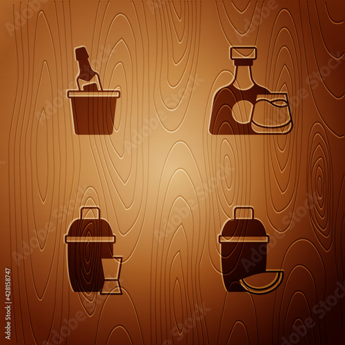 Set Cocktail shaker with lime, Champagne in an ice bucket, and Whiskey bottle and glass on wooden background. Vector